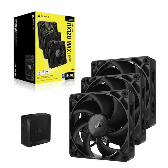 Corsair iCUE LINK RX120 MAX PWM Thick Fans Starter Kit - Ventilatorhuis 3-pack - 120mm - 71.28 cfm - 400 - 2000 rpm - 10 - 29.5 dBA - Incl. iCUE LINK System Hub - zwart