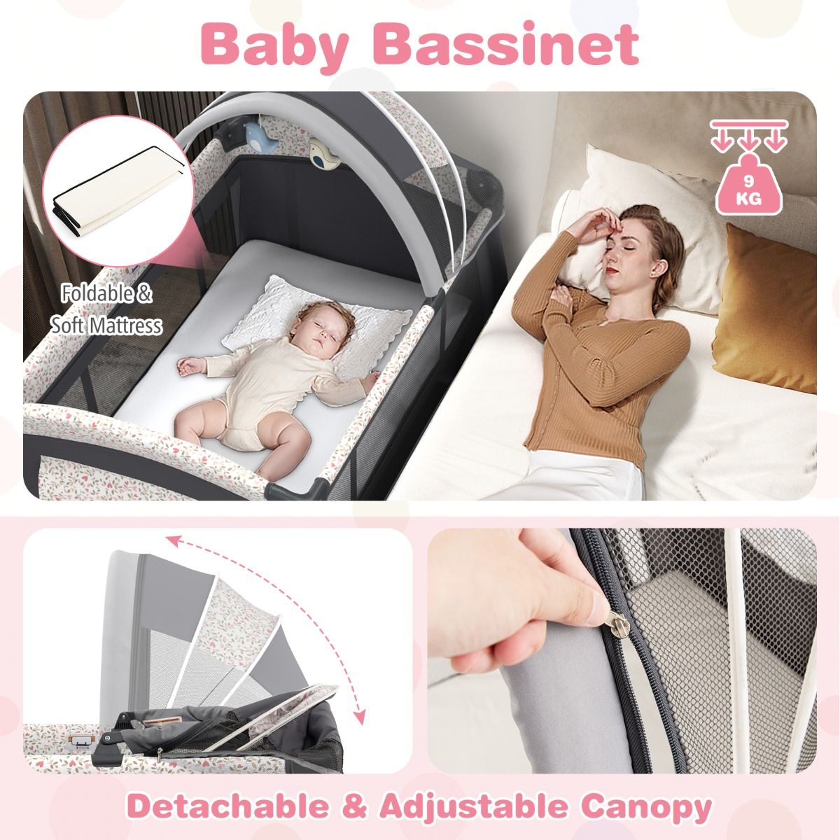 Coast 4-in-1 draagbaar babybedje - met luiertafel en muziekdoos - verstelbaar dak - grijs 102 x 72 x 82 cm