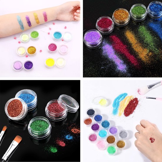 Partizzle Compleet Bio Glitter Tattoo Set - Meisjes / Jongens - Schmink Sjablonen, Lijm en Penselen - Gezicht Nep Neon Tattoos Knutselpakket - Carnaval Cadeau Knutselen voor Kinderen - 24 Kleuren / Biodegradable
