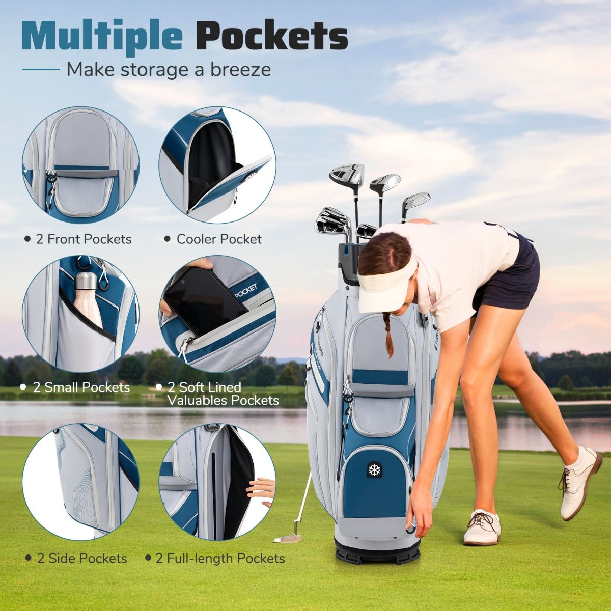 Coast Golfbag met 14 Vakken, 11 Zakken, Draagriem & Regenhoes – Lichtgewicht Golfkar Tas – 34x24x90,5 cm – Marineblauw