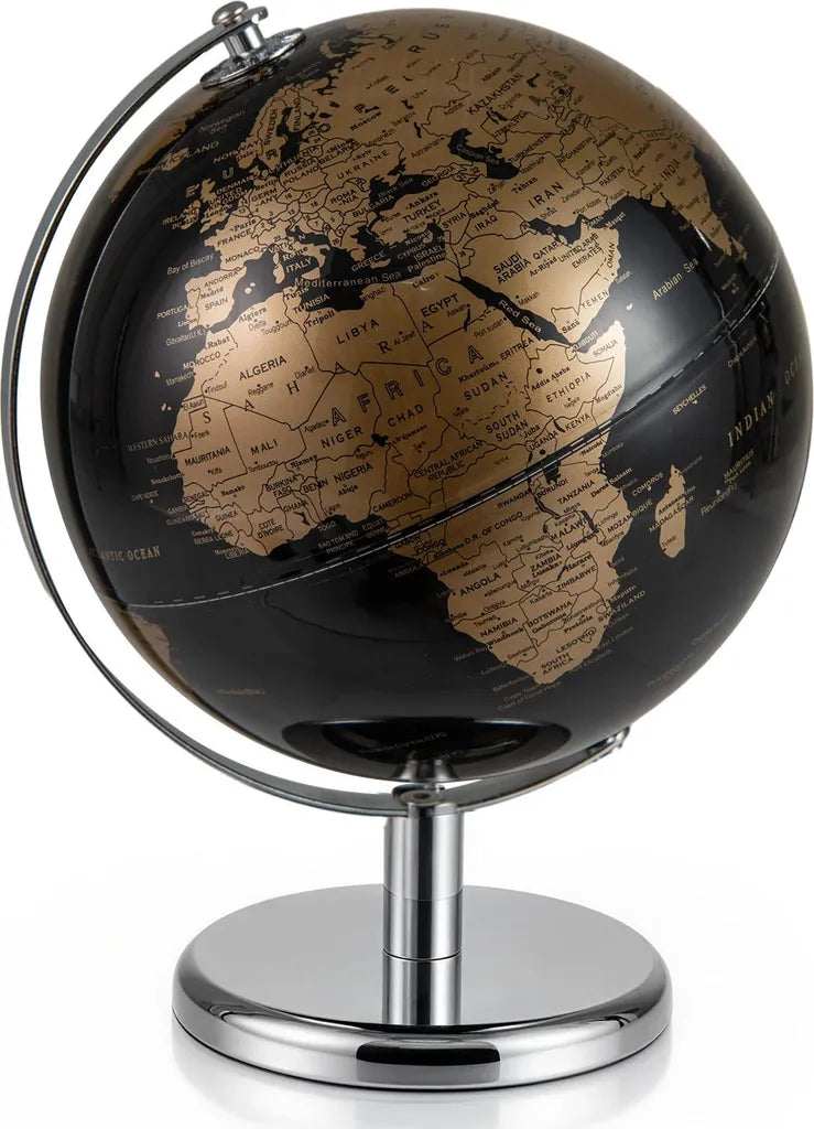 Coast Wereldbol 20 cm - Zwart/Goud - 360° Draaibaar - Met Metalen Standaard - 21 x 21 x 27 cm