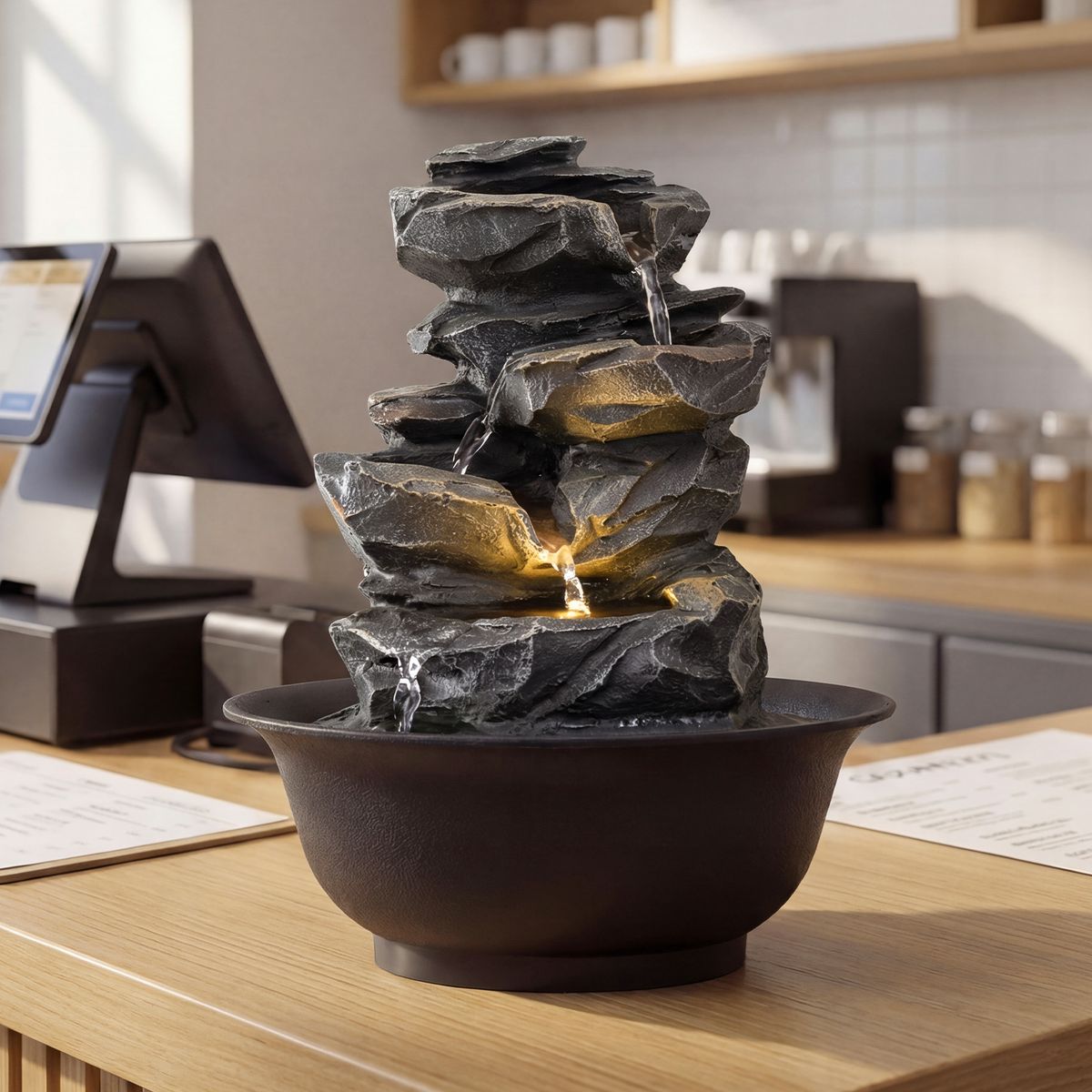 Coast Tafelwaterfontein - waterval met rotslook - LED-verlichting - zwart - 21,5 x 26 cm
