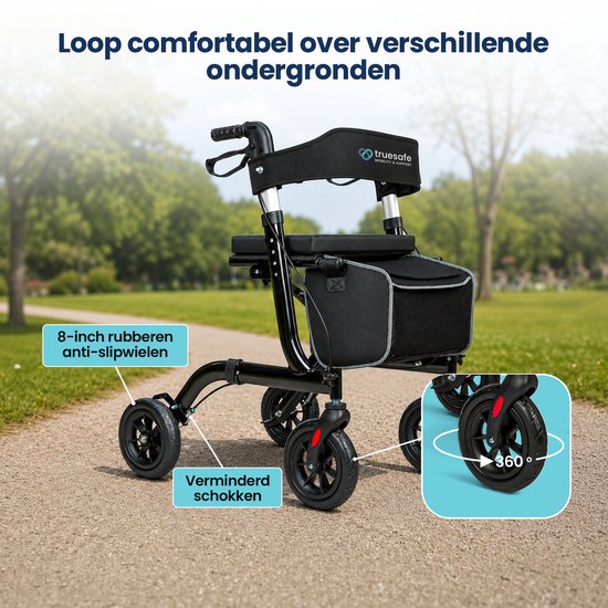 TrueSafe Rollator lichtgewicht en opvouwbaar (6,9 kg) - Voor binnen en buiten - Incl. ergonomisch zitkussen, verlichting, rugleuning, wandelstokhouder en meer - Zwart