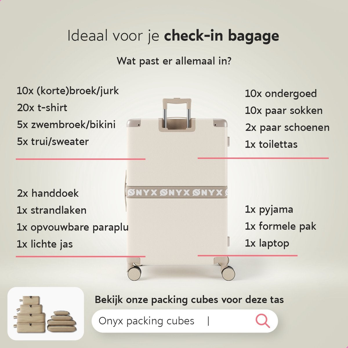 ONYX 3-delige Kofferset - Handbagage en Check-in koffer - 33L/65L/100 L - TSA slot - Spinner wielen - Lichtgewicht Trolley - Aluminium sluiting - Beige