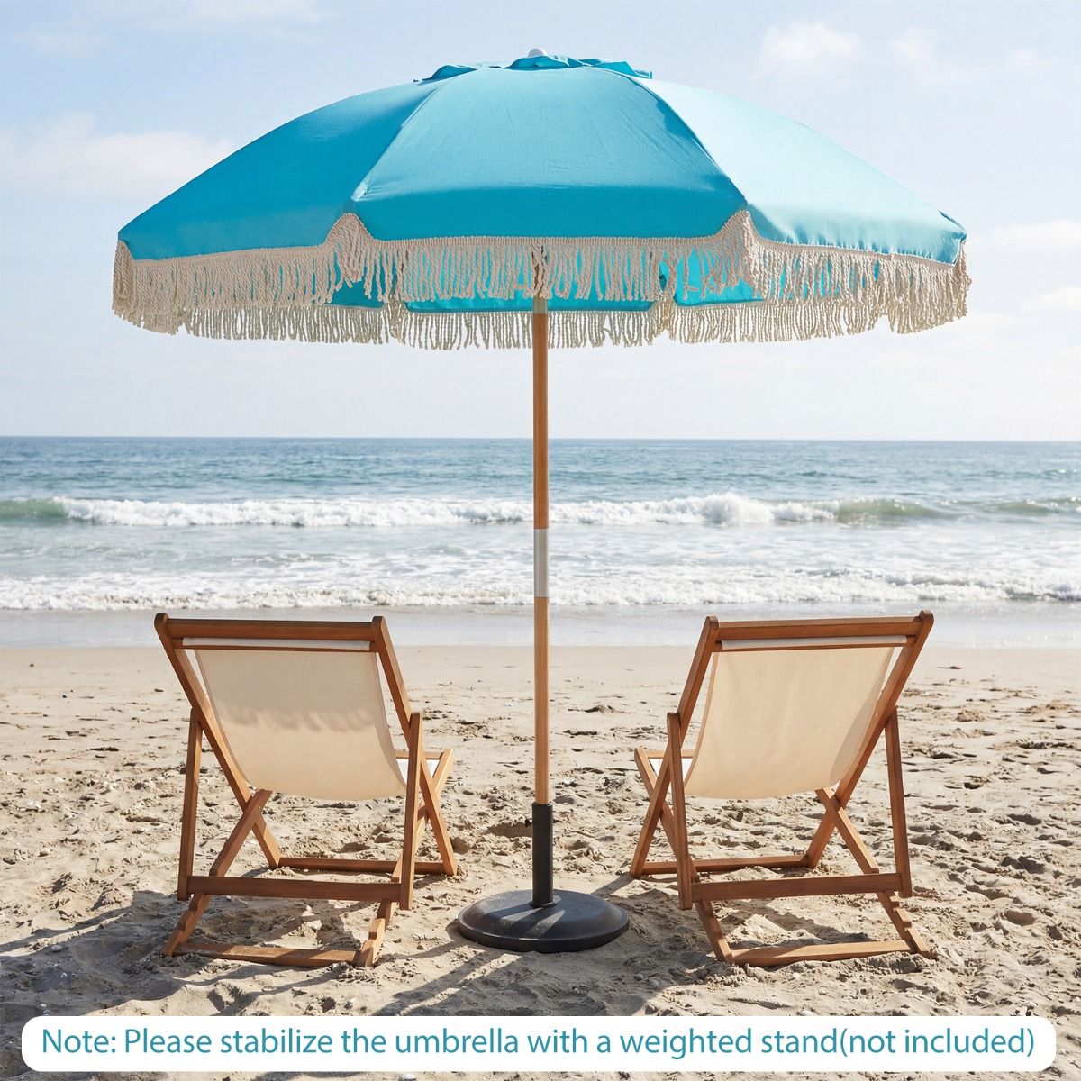 Coast tuinparasol met franjes - houten strandparasol - verstelbare hellingshoek - blauw