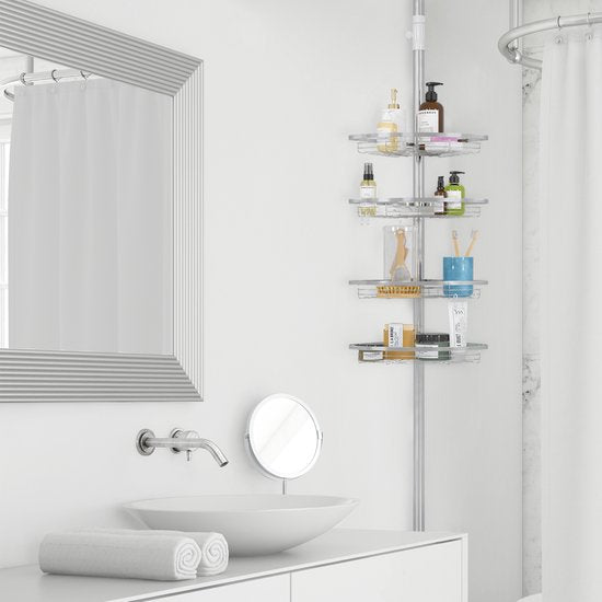 Strex Telescopisch Doucherek RVS - Verstelbaar 70-275 cm - 4 Mandjes - Robuuste Kwaliteit - Bevestigen zonder Boren of Schroeven - Telescopisch Douche Rek Hoek