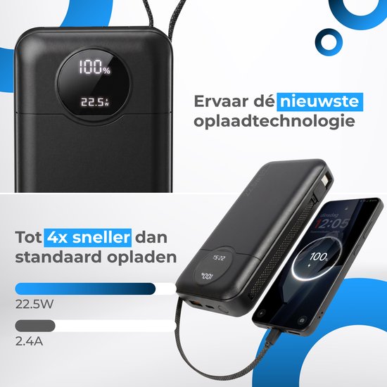 Nuvance Powerbank 20000 mAh - 22.5W Snellader Usb-C & 8-Pin - Noodpakket - 2 Poorten - 2 Geïntegreerde Kabels - Power Bank