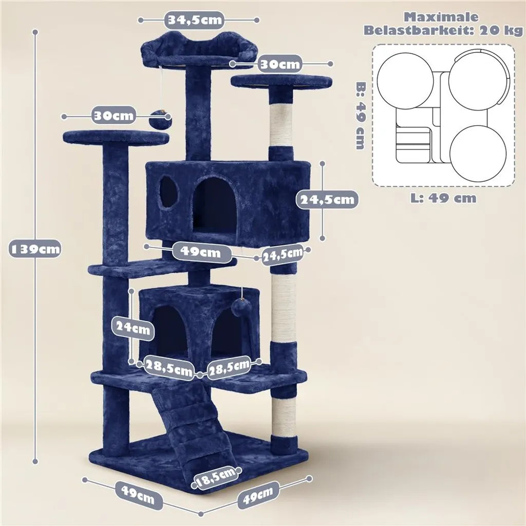 Yaheetech Krabpaal 49 x 49 x 139 cm - Marineblauw - Kattenboom met 3 Ligplatforms en 2 Slaapholen