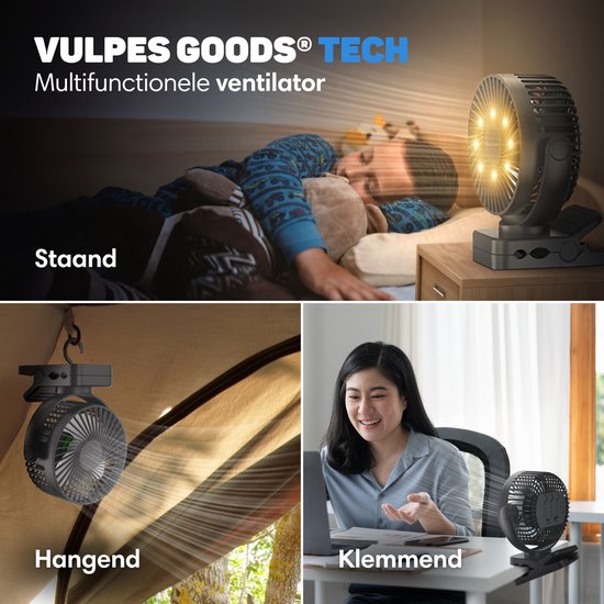 Vulpes Goods® Tech Mini USB Ventilator PRO – Oplaadbaar – Stille Mini Fan & Powerbank – 12000 mAh – Zwart
