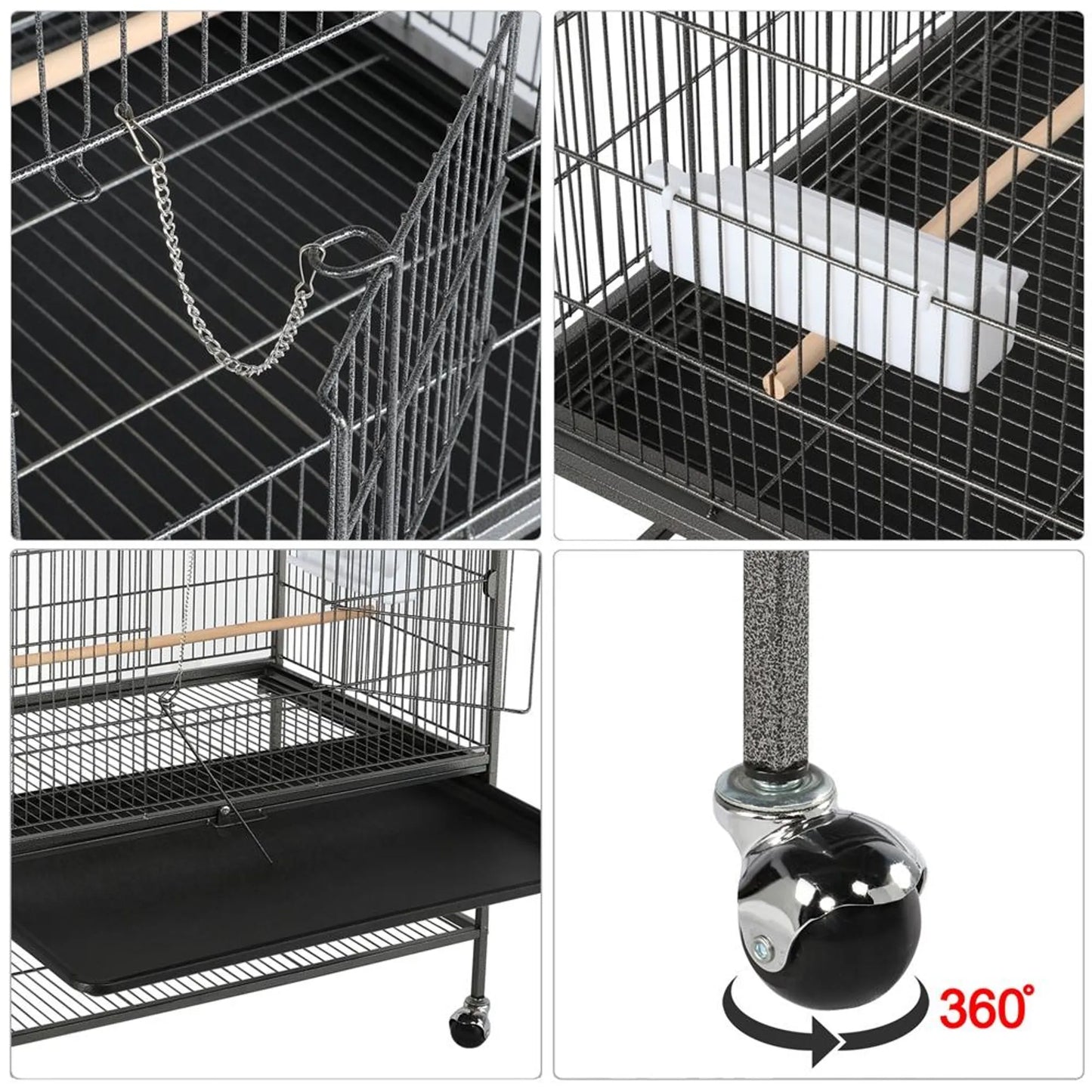 Yaheetech Vogelkooi XXL Met Verrijdbaar Onderstel – Voorzien Van Beveiligde Deur En Opbergplank En 3 Houten Zitstokken – Voor Papegaaien En Kaketoes – Zwart Metaal – 79 x 52 x 132 cm