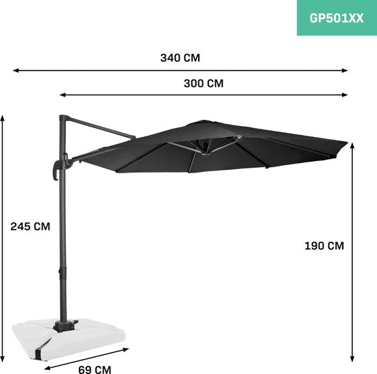 VONROC Premium Zweefparasol Bardolino Ø300cm – Incl. kruisvoet & beschermhoes – Ronde parasol – 360 ° Draaibaar - Kantelbaar – UV werend doek - Zwart