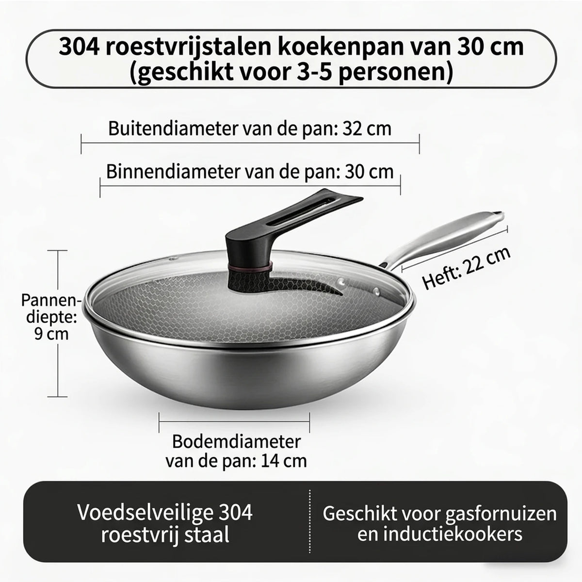 Ochama Wok 30 cm met Deksel - RVS Honingraat Anti-aanbak zonder Teflon - Geschikt voor Inductie, Gas en Elektrisch