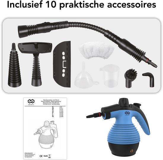 Infinity Goods Stoomreiniger - 12-in-1 Handstoomreiniger - Handstomer - Vlekkenreiniger - Tapijtreiniger - 10 Opzetstukken - 1050 Watt - 3.2 Bar - Blauw