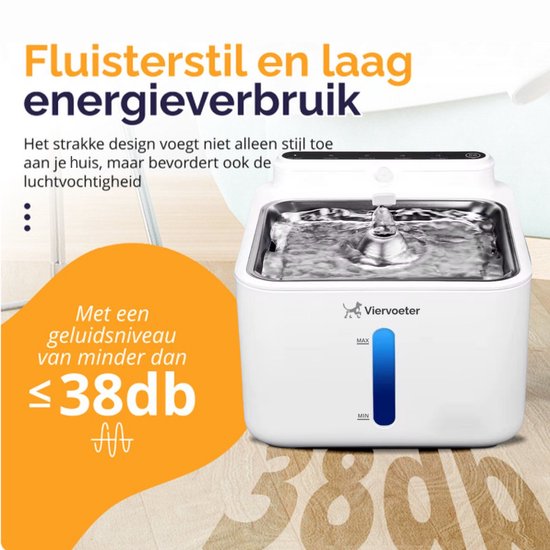 Viervoeter Draadloze Drinkfontein RVS - Sensor Waterfontein voor Kat en Hond - Inclusief filter - 3,2L - 30d batterijduur - Fluisterstil - Wit
