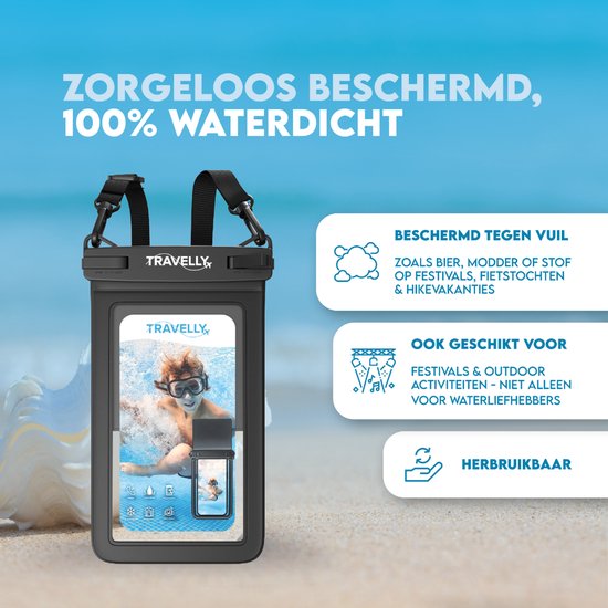 Travelly® Waterdicht Telefoonhoesje Met Extra Opberg Vakje – Universeel Onderwater Hoesje voor Smartphone – Geschikt voor alle telefoons – Drybag – Voor Vakantie, Zwemmen & Watersport – Zwart