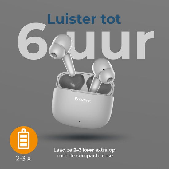 Denver Earbuds - Lichtgewicht Oordopjes - 6 uur luisteren - Bluetooth 5.3 - TWE48 - Grijs
