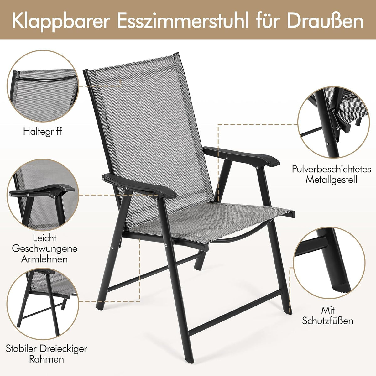 Yaheetech Tuinstoelen Set van 2 - Opvouwbare Klapstoelen met Rugleuning en Armleuningen - Bruin - 54 x 57 x 93,5 cm - Belastbaar tot 150 kg