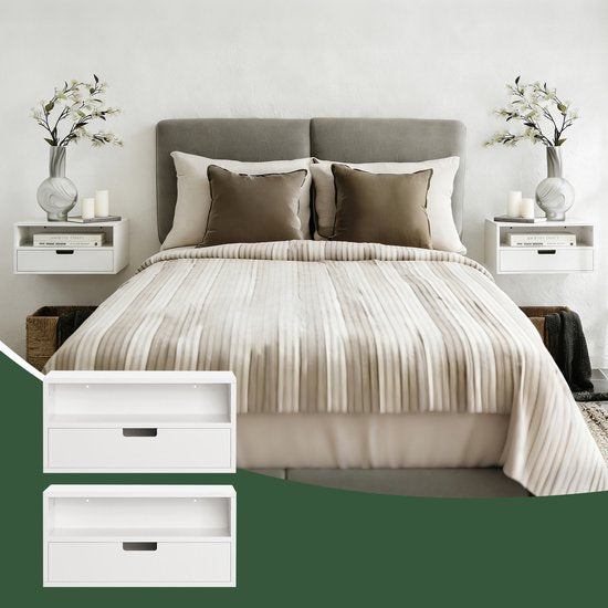 SoBuy Set van 2 zwevende Nachtkastjes - hangend Bijzettafel - Bovenkast - Wandplank met 1 lade - Wit, 45x25x22 cm, NKD03-Wx2