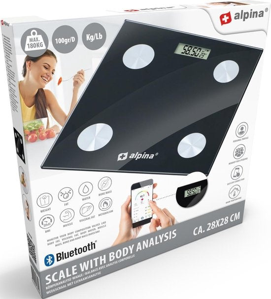 Alpina Slimme Weegschaal - met Lichaamsanalyse: o.a. vetpercentage en BMI - Bluetooth - met App - Zwart