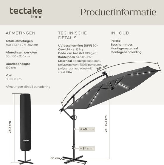 tectake® Zweefparasol met Voet - 3,5 x 3,5 m - Tuinparasol met LED-Verlichting op Zonne-Energie - Draaibaar - Waterafstotend Polyester met UV-Bescherming - Inclusief Hoes - Grijs
