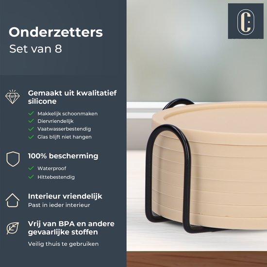Castagnola Siliconen Onderzetters – Onderzetters voor Glazen – Design Onderzetters met Houder – Onderzettersset – Anti Slip - Set van 8 – Beige