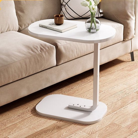 Ceruzo Bijzettafel – Wit Banktafel – Metaal met Hout – Koffietafel – C Shape – Compact– 45x28x60cm