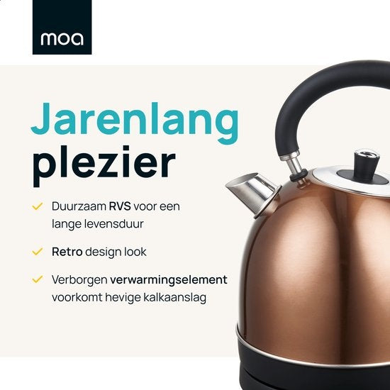 MOA Waterkoker Retro EK3TC – 1,8L – RVS – BPA-Vrij – 2200W – Koper – Ingebouwde Thermometer – Anti-Kalkfilter