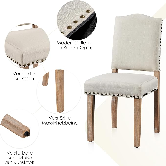Yaheetech Eetkamerstoelen Set van 2 Gestoffeerd met Houten Poten - Beige - Max. 136 kg