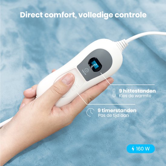 Auronic Elektrische Deken - 160x120cm - Warmtedeken - 1 Persoons - 3 Warmtestanden - met Timer - Verwarmingsdeken - Lichtblauw