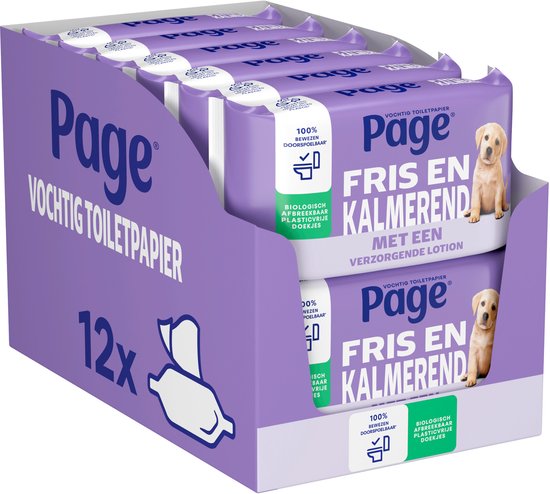 Page® vochtig toiletpapier - Fris en Kalmerend (Care) - met een verzorgende lotion - 456 velletjes - 12 x 38 stuks - Voordeelverpakking