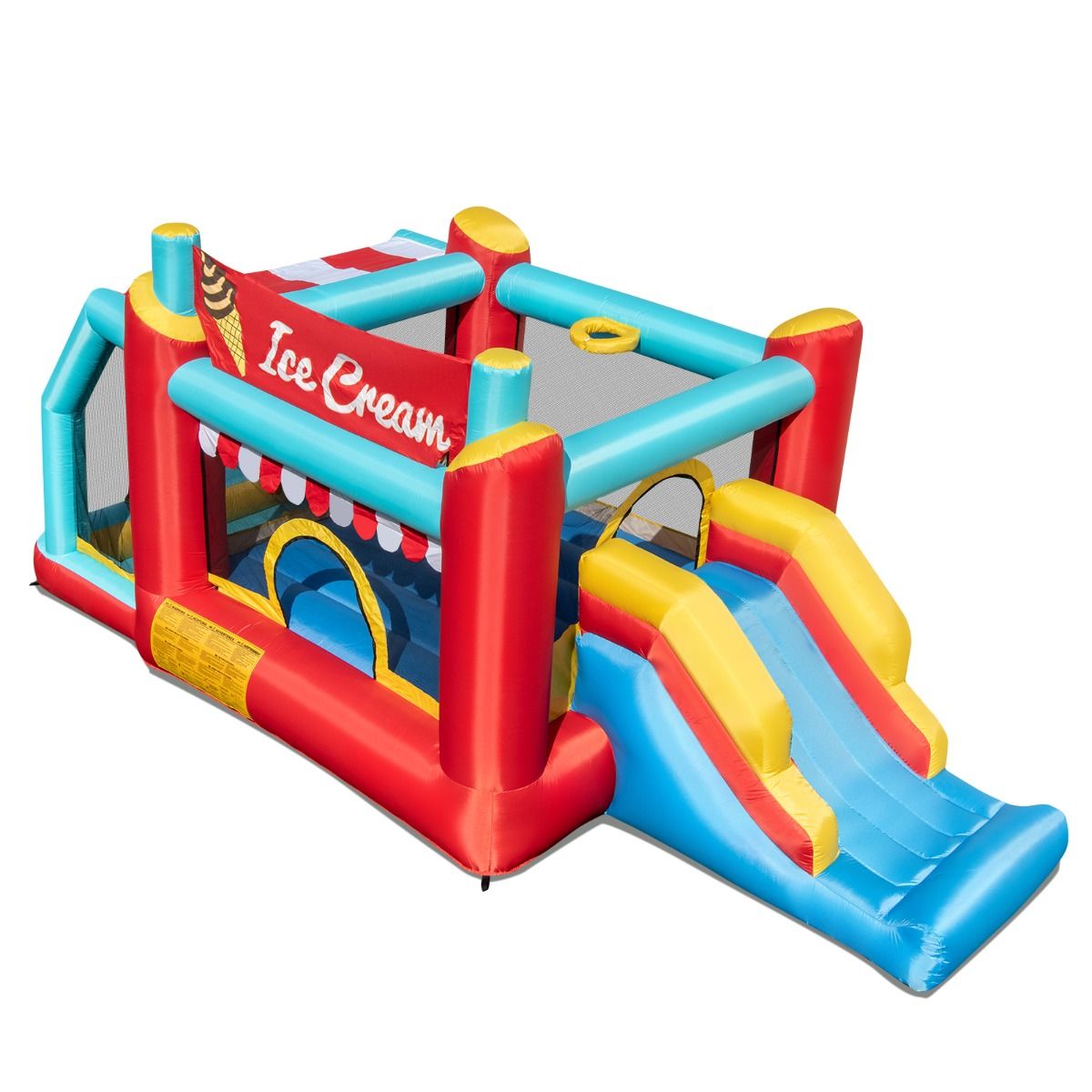 Coast Opblaasbaar Springkussen 5-in-1 - Glijbaan - Ballenbad - Basketbalring - Meerkleurig 485,5 x 239 x 206 cm