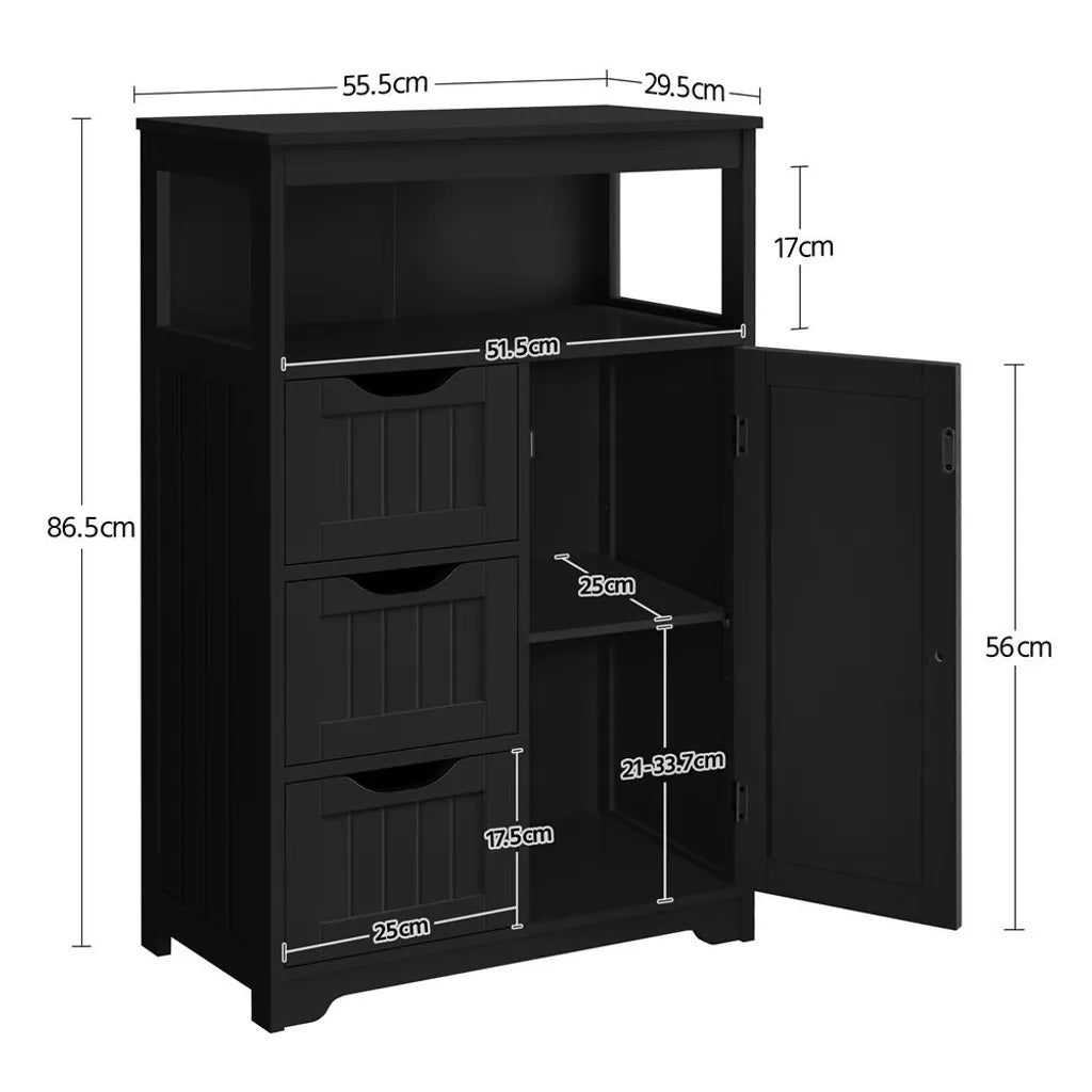 Yaheetech Badkamerkast 55,5 x 29,5 x 86,5 cm - Zwart - Badkamermeubel met 3 Lades en Verstelbare Plank