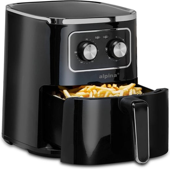 alpina Airfryer 4.5L- Heteluchtfriteuse voor 3 tot 4 Personen - Air Fryer met Instelbare Temperatuur van 80°C tot 200°C - Timer tot 60 Minuten - Hetelucht Friteuse 1450W - Zwart