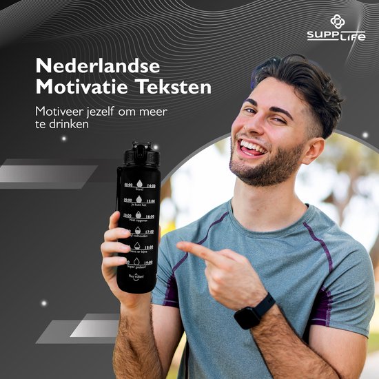 Supplife Motivatie Waterfles 1 Liter met Nederlandse Tekst - Drinkfles met Rietje - Waterfles met Tijdmarkeringen - Zwart