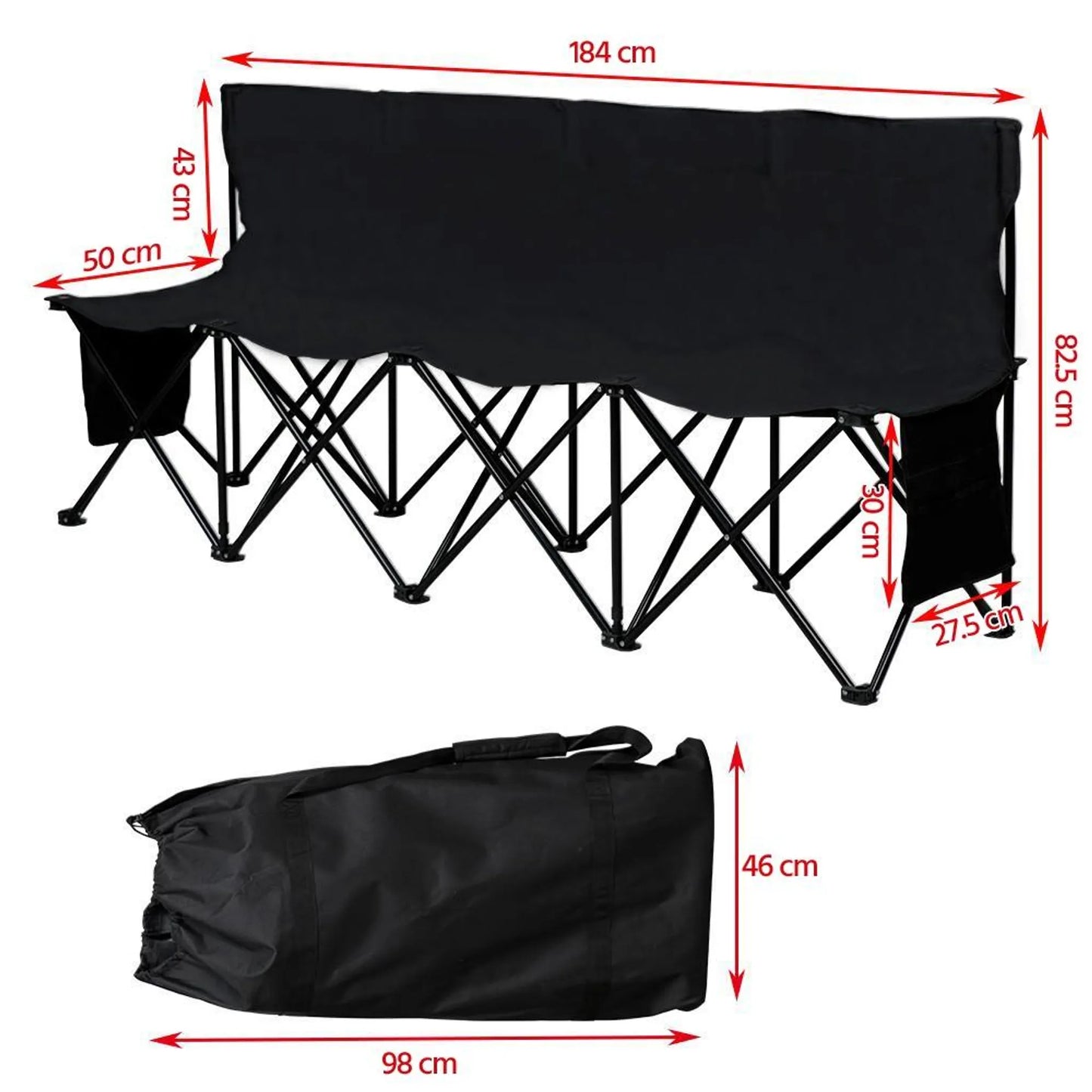 Yaheetech Campingbank Opvouwbaar 4-Persoons – 184 x 49 x 82,5 cm – Voorzien Van 600D Oxford-Stof En Draagtas En 2 Opbergvakken – Voor Kamperen En Sporttoernooien – Zwart Metaal