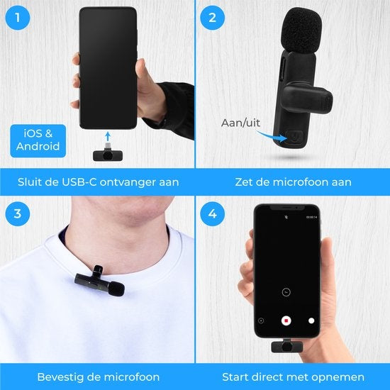 Nuvance - Draadloze Microfoon - Dasspeld Microfoon - Geschikt voor Usb-C & Apple Lightning - Lavelier Microfoon - Plug & Play
