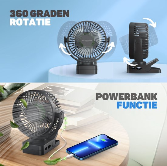 Vulpes Goods® Tech Mini USB Ventilator PRO – Oplaadbaar – Stille Mini Fan & Powerbank – 12000 mAh – Zwart