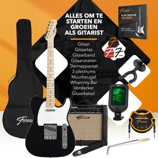 Finesse Elektrische Gitaar met Versterker - met Videocursus - TE Gitaar - Volwassenen - Kind - Zwart