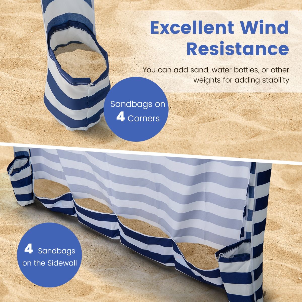 Coast Opvouwbare Strandtent - Met Draagtas - Verwijderbare Zijwand - 183 x 183 x 215-240 cm - Blauw met Wit