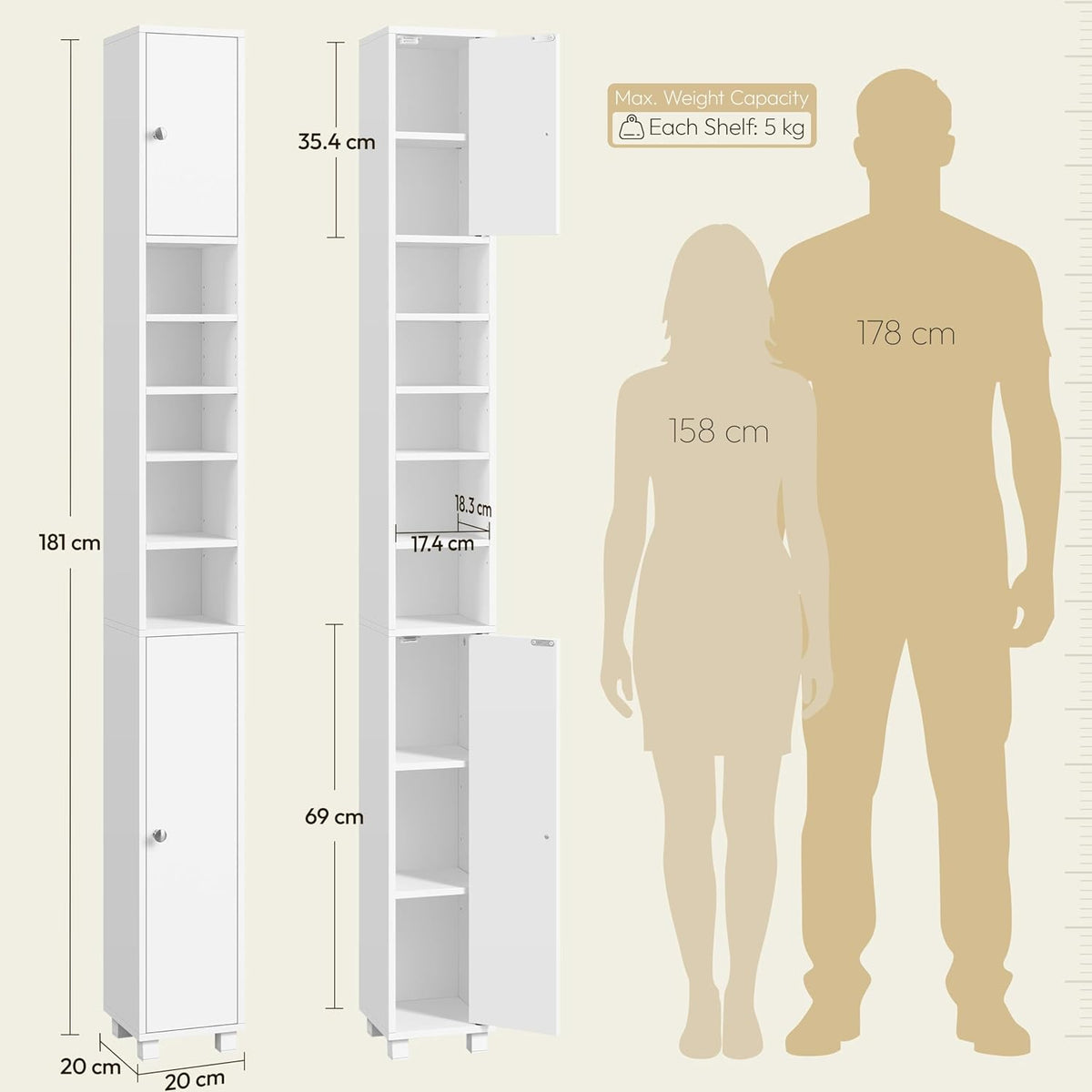 Yaheetech Badkamerkast Smal met 6 Verstelbare Legplanken 20 × 20 × 180,5 cm Wit