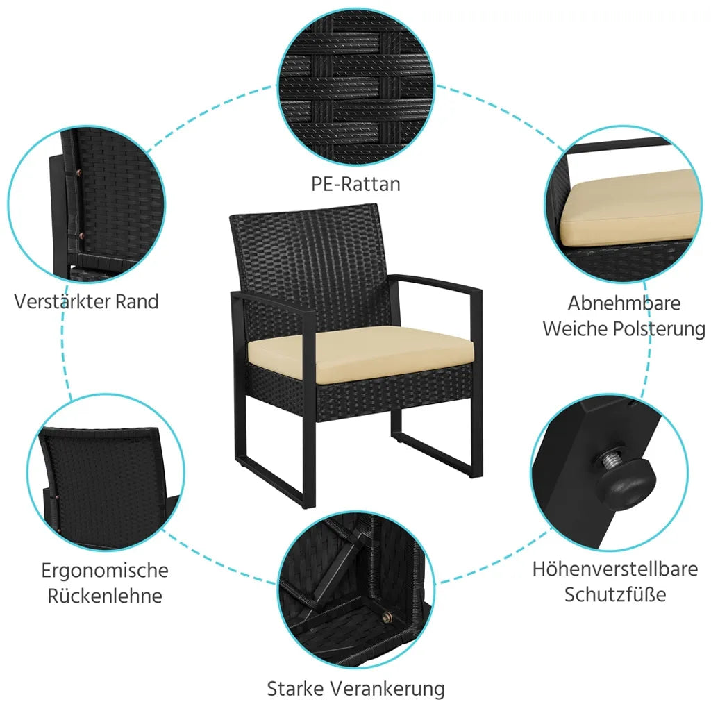 Yaheetech Balkonset - 3-delig - 2 Stoelen/Tafel - Polyrattan - Zwart/Khaki