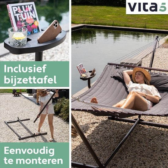 Vita5 Hangmat met Standaard en Spreidstok – 2 Persoons – incl. Bekerhouder - Afneembaar kussen – uv-bestendig – Donkergrijs