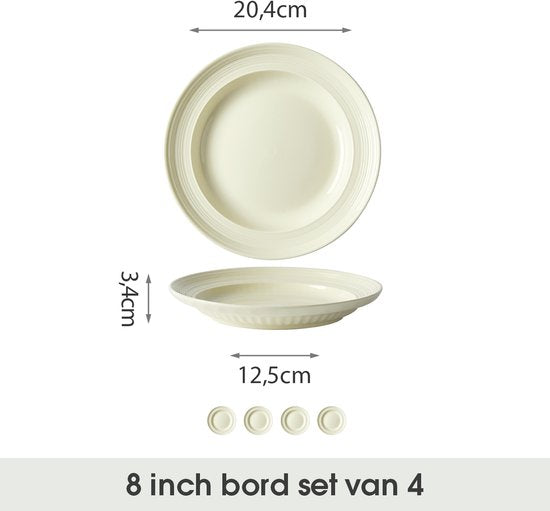 Set van 4 bordenset (Ø20,4cm / 8inch), Ontbijtborden, Pastaborden, serviesset 4 persoons, Geschikt voor restaurants, Horeca, Feest, familiefeesten, banketten en picknicks, Magnetron-vaatwasserbestendig, Keramiek
