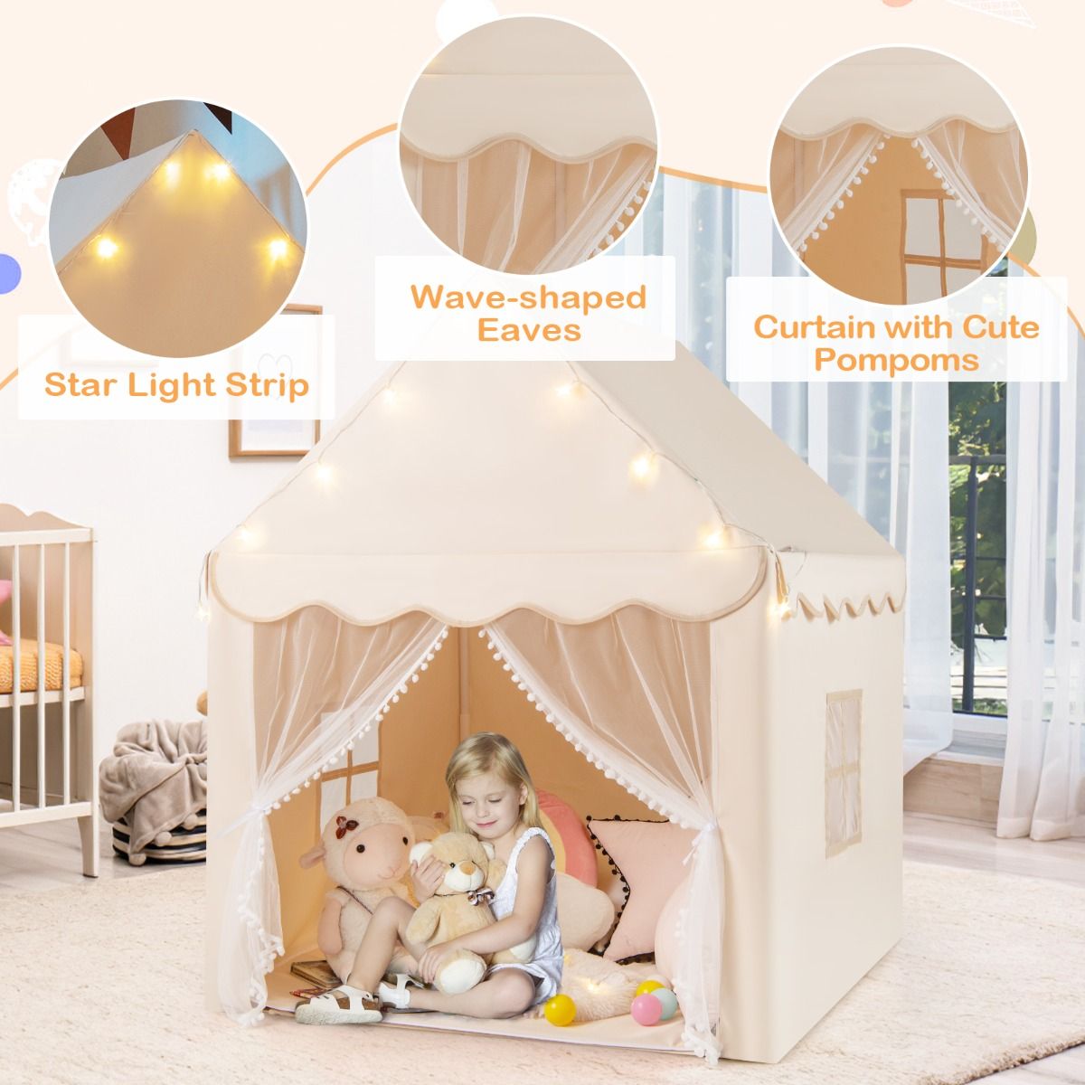 Coast Kinderspeeltent - met sterrenlichtjes en ramen - inclusief mat en dubbele gordijnen - beige