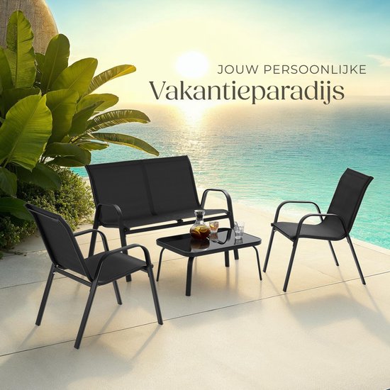 tectake® Tuinset Nora - Moderne Zitgroep voor 4 Personen - Loungeset met Tuinbank en 2 Tuinstoelen van Ademend, Waterafstotend Textileen-Weefsel - Balkonset Met Bijzettafel - Zwart