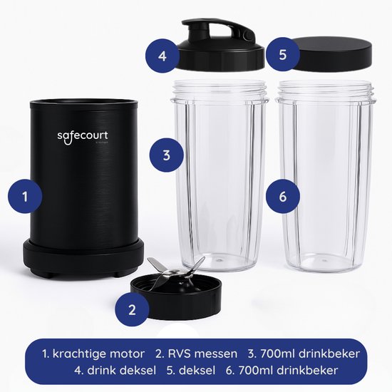 Safecourt Kitchen Blender – Incl. 2 To Go Bekers  – 1000 W – 700 ml & 350 ml – Zwart