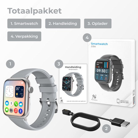 Nuvance - Smartwatch Heren & Dames met Bluetooth - 45mm - Geschikt voor alle Smartphones - Stappenteller en Hartslagmeter - Waterdicht - Grijs