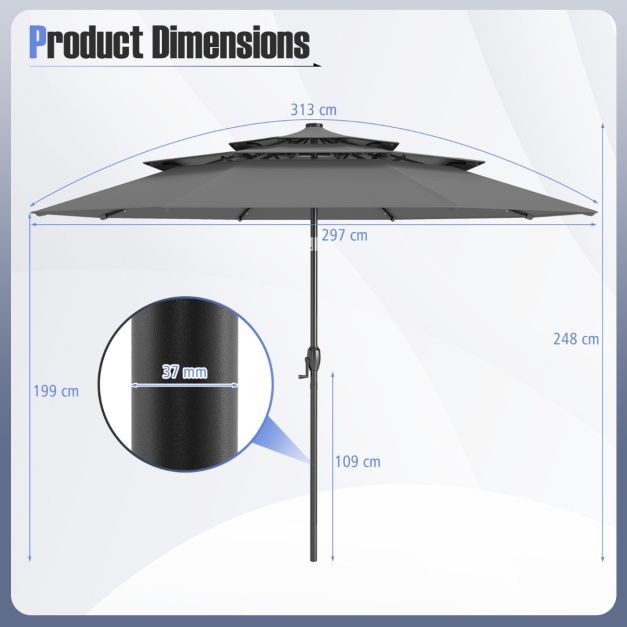 Coast 3-Laags Terrasparasol Ø313 cm - Solar LED - Kantelbaar - Slingerbediening - Grijs