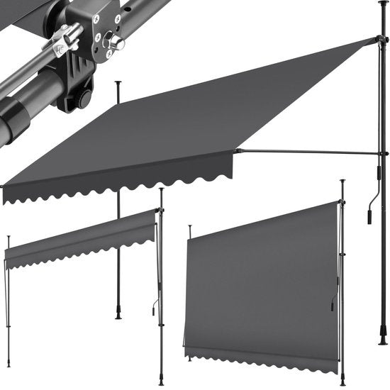 tectake - klemluifel - Zonnescherm – Zonneluifel - Verstelbaar - Klem-zonwering - Zonnescherm Balkon - 350 x 180 cm - zwartgrijs – zonwering - 404968