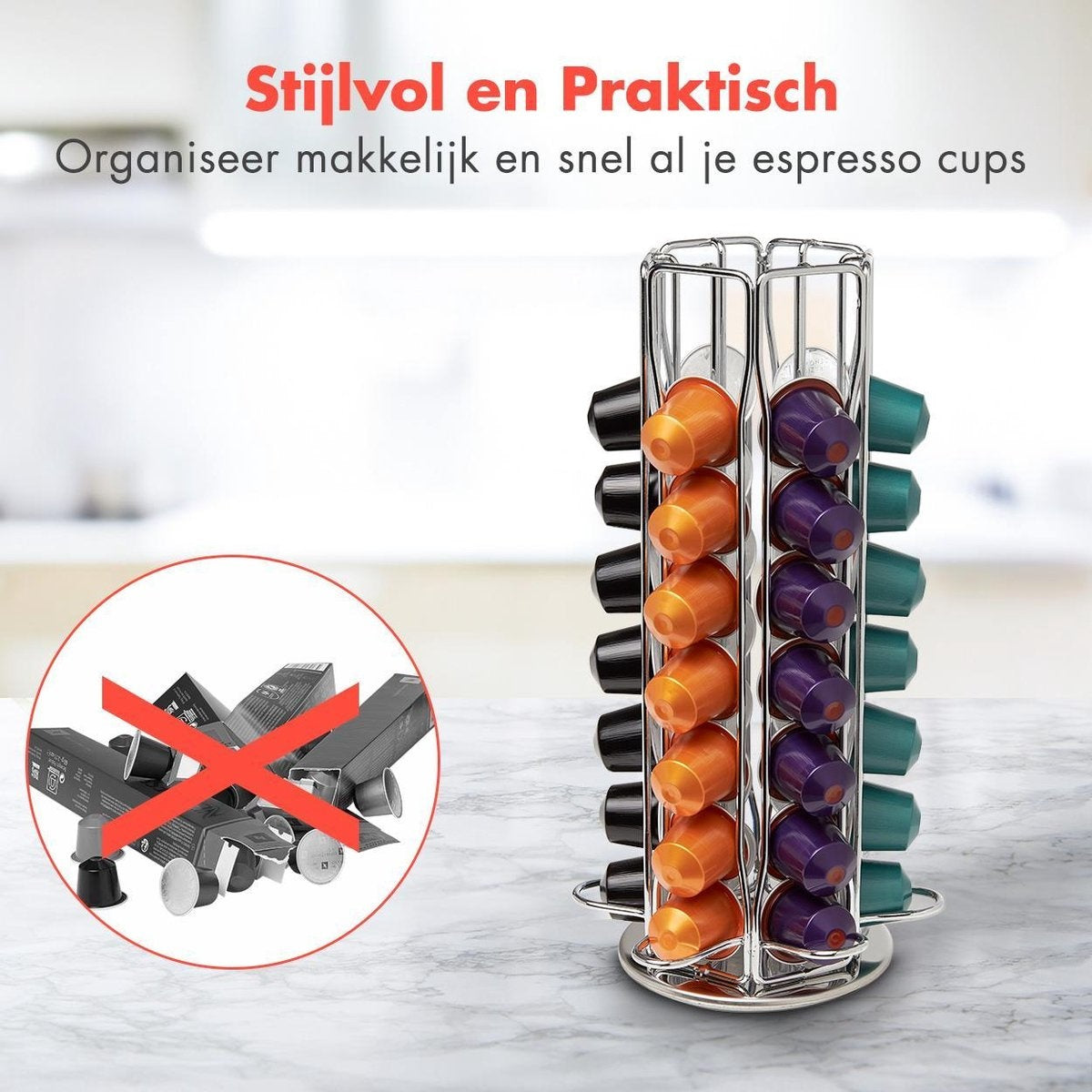 KitchenBrothers Capsulehouder - Koffiecups houder - Geschikt voor Nespresso - 42 Cups - Draaibaar - RVS